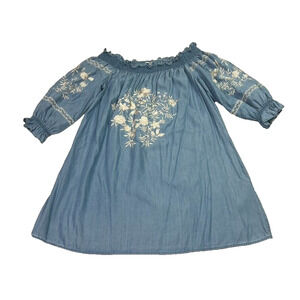 Zara Blue Mini Dress with White Floral Embroidery